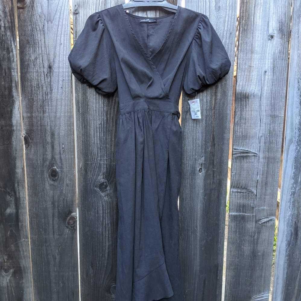 OnTWELFTH Black Short Puff Sleeve Wrap Dress